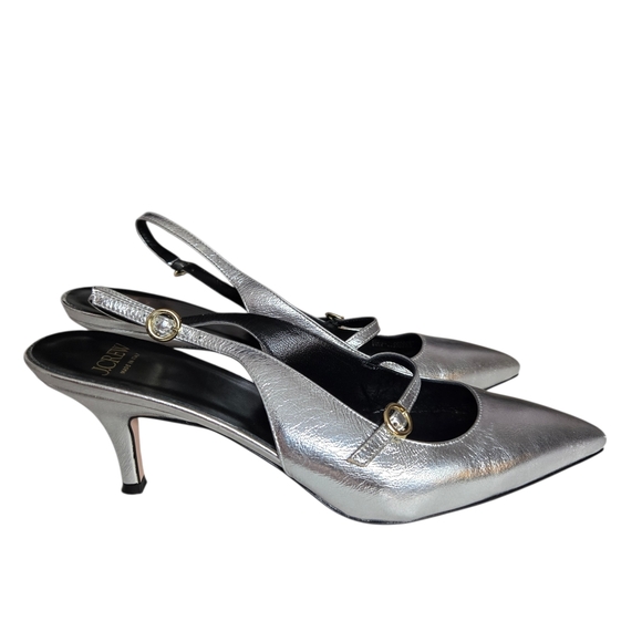 Made-in-Italy Colette Buckle Slingback Pump Cracked Metallic Leather Kitten Heel - Picture 3 of 12